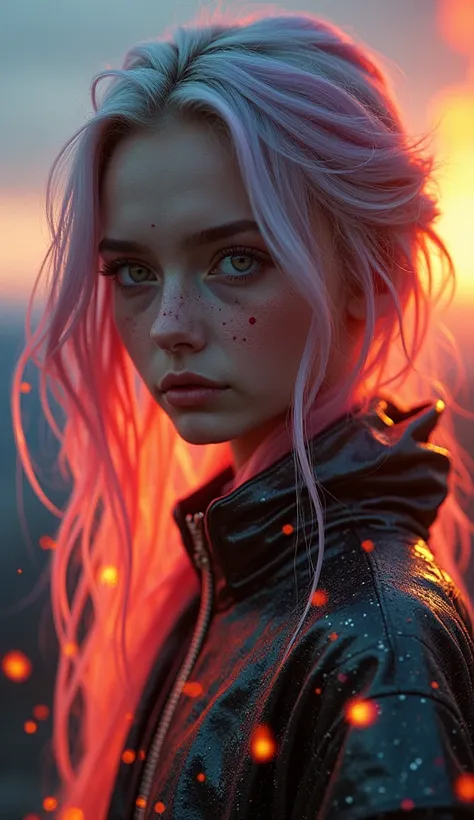 an adult girl stands on a volcano around her field of wonders The girl has very beautiful eyes dressed like a cyberpunk suit, transparent on top of the robe, glowing stripes on her hair, the girl has freckles on her face and the girl has rainbow hair