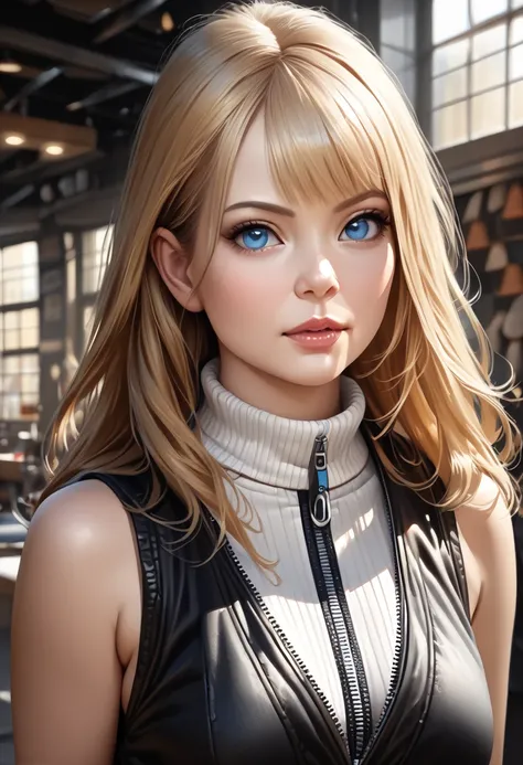 a cute chibi style girl, (best quality, 4k, 8k, highres, masterpiece:1.2), ultra-detailed, (realistic, photorealistic, photo-realistic:1.37), portrait, half-body, stylish adult woman, long hair, side bangs, blonde hair, blue eyes, turtleneck zipper vest, c...