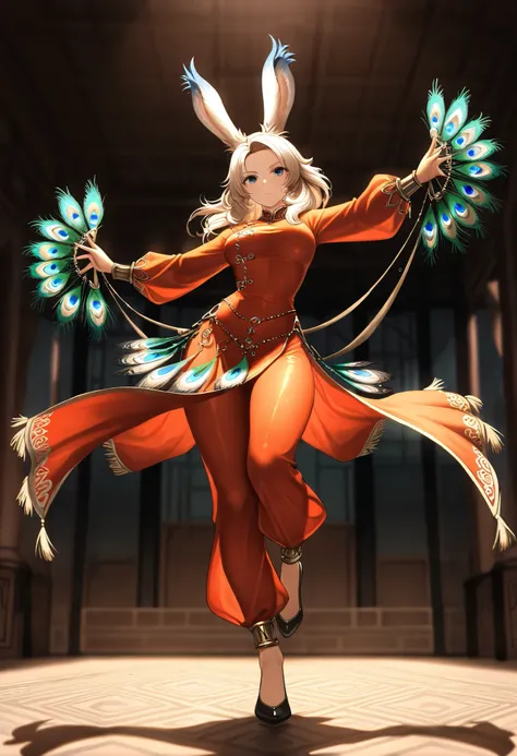 (((( Masterpiece)))), (((( top quality)))),  high resolution,fine grain, detailed face,  wet,viera,Dancer, Ao Dai, A fan made of peacock feathers on both hands,  action, big breasted with a cross eye, full body shot