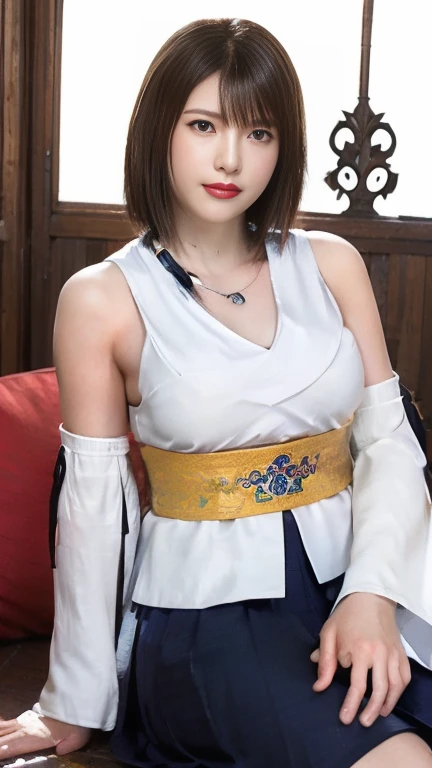  in the seat, Alone,   jewelry, cuff,  necklace,   Blue Bead Earrings,  hakama skirt,  Remove Face Shadows ,  Excellent Natural Light , Soft light, Yuna FMX ,  Ultra High Resolution,  photorealistic,  very detailed,  detailed face,  cute woman,  Ephemeral ...