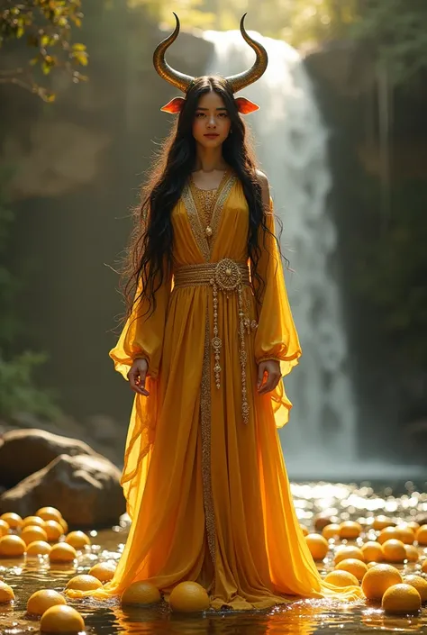 Create a beautiful oxum in a beautiful waterfall with lots of gold and its mirror long hair and a beautiful gold outfit, with lots of golden fruits wrapped in very clear water, Make beautiful trees with a long skirt and a very beautiful and well-behaved ne...