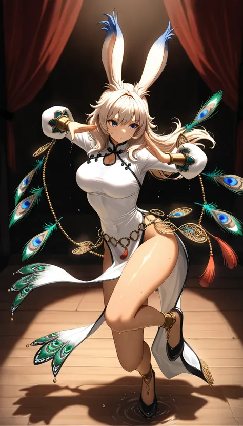 (((( Masterpiece)))), (((( top quality)))),  high resolution,fine grain, detailed face,  wet,viera,Dancer, Ao Dai, A fan made of peacock feathers on both hands,  action, big breasted with a cross eye, full body shot