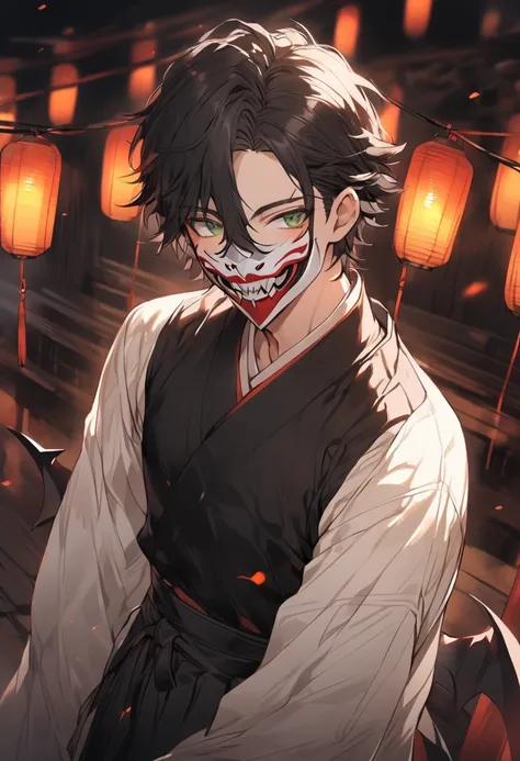 Alone，Short Hair， unkempt hair， black hair，male， green eyes， black hakama， handsome，Demon Mask，smile