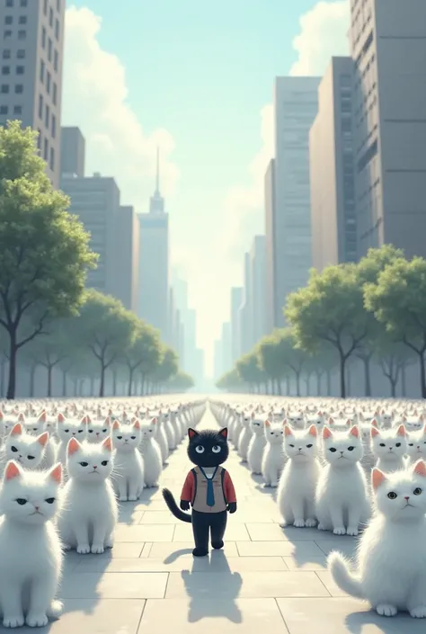 A beautiful city where all the cats are pure white. The streets are bright, and white cats are walking happily. In the center, there is one small black cat with sad eyes, looking down as he walks to school. The atmosphere feels lonely for him."