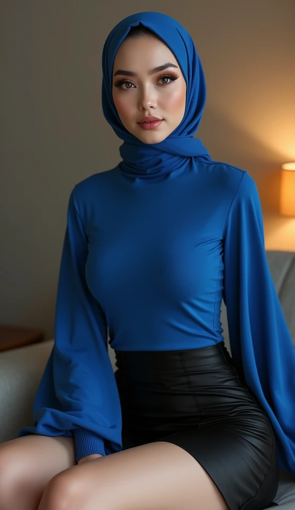 Photorealistic european hijabi woman, 160cm high, ((smooth skin, pale skin)), pink lipstick, brown eyes, long eyelashes, full lips, smokey eyeshadow, wide hips, curved ass, ((wearing tight blue top, tight sleeves, wide black mini skirt, big boobs)), blue h...