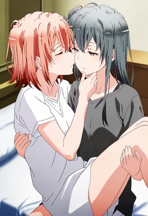 , princess carry, lying on person, sitting, hand on another's chin, 2girls, yuri, looking at another,, bedroom, on bed, [yukinoshita yukino], holding, [yuigahama yui] , closed eyes, deep kissing 