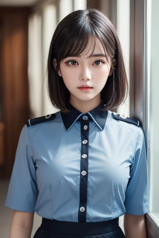 ( Highest Resolution , clear_ images) best quality , single person , one woman, Alone, Masterpiece, very detailed, semi-realistic , Short Black Hair , black hair, bangs, 18 years old, mature, light blue uniform, uniform, Indoor Background, kind, Dignified,...