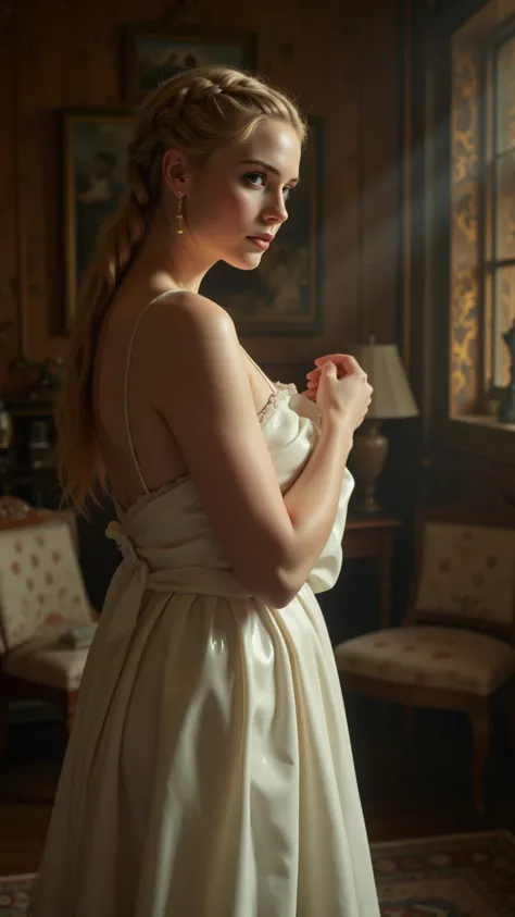 A glamorous woman with braided blonde hair stands confidently in a vintage room with a textured wall in the background. She adjusts her elegant white dress as the soft light enhances the glossy fabric and highlights her features. The camera slowly pans up,...