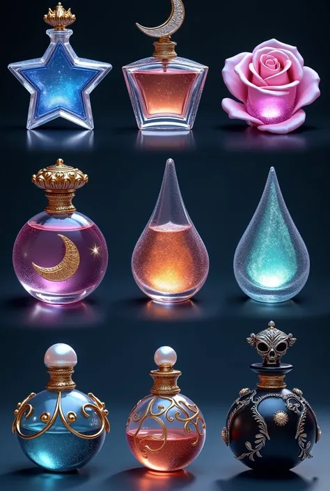 
1. Celestial Elegance

A star-shaped bottle with a gradient of deep blue and purple, resembling a galaxy. The cap is a silver crescent moon, and tiny glitter-like specks inside the liquid give a cosmic effect.

2. Enchanted Rose

A glass bottle shaped lik...