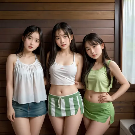 ( 3 girls)A Thai girl with dark long hair, wearing a pastel green tank top and a white and green striped miniskirt, stands in a sexy pose in front of a country-style wooden wall. The woman's right arm is outstretched, balancing the scene. The wall is made ...