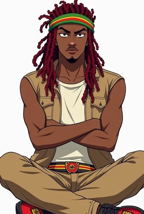 A handsome young man with no facial hairs, around 19-21. He is seated in a criss cross position with his arms crossed. He has a dark brown skin complexion, long tube shaped red dreadlocks, a green, yellow and red headband and matching waistband, a light br...