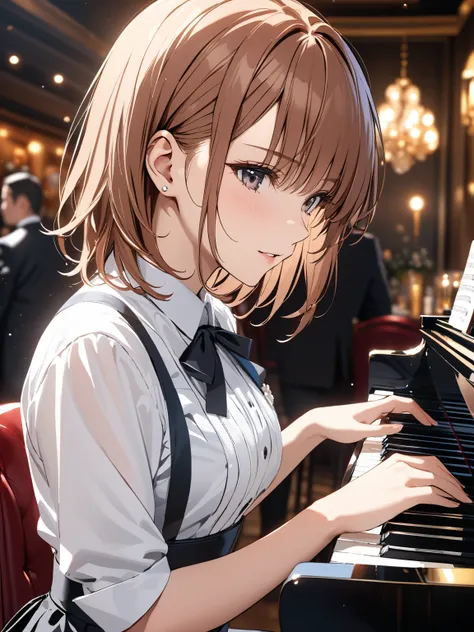 Waiter,  plays the piano,  girl, ( Misaka Mikoto), masterpiece:1.5, masterpiece, highest quality, UHD, retina, masterpiece, accurate anatomy, super detailed, high quality, best quality, 8k