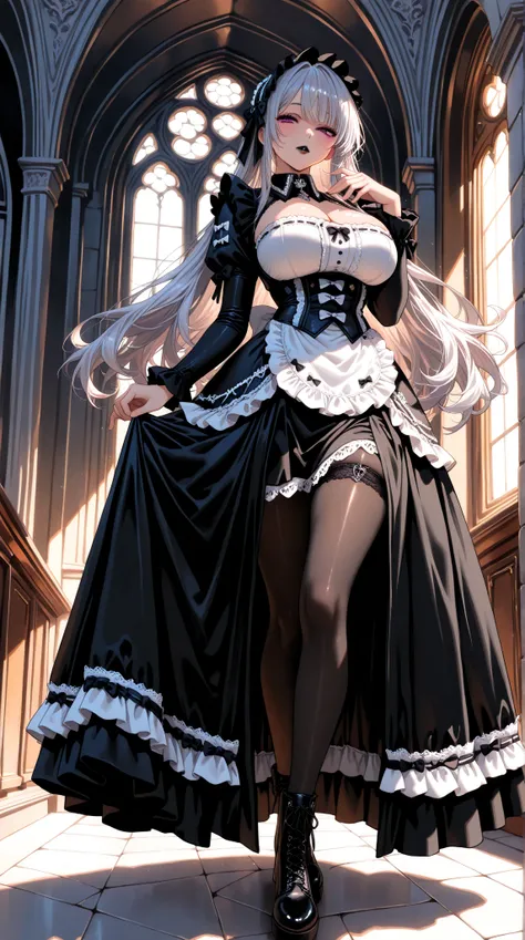  Young Beautiful Woman,(Black and white gothic maid outfit, long skirt, Corsets , black tights,Black boots),( Silver Hair, shoulder-length hair in the image, purple eyes, half closed eyes , Unusual Suspicious Emotions:1.3,Black lips:1.5, big breasts, shiny...