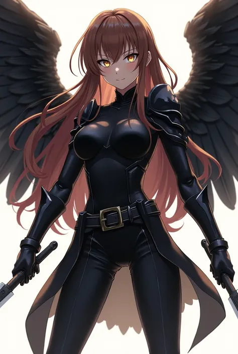 ( top quality,  best angle quality,  official art ,  full body,  and aesthetics :1.2)  Anime Girl, Crow wings on the back,  golden eyes, long brown hair, Armadura preta, black shirt,  black pants,  holding two daggers .
