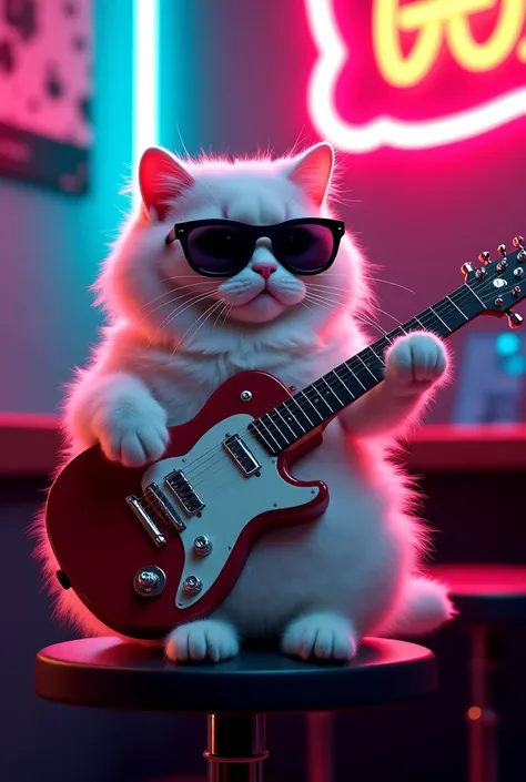 "A fluffy white cat wearing sunglasses, sitting on a stool, skillfully playing an electric guitar under neon lights in a jazz club."