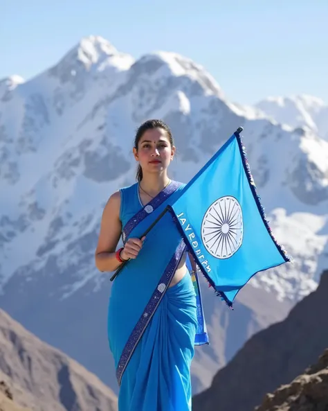 "Near the snowy peaks of the Himalayas, a 23-year-old girl in a blue sari stands strong, holding a blue flag. The flag has a white wheel in the center and 'JAY BHEEM' written below. Courage and belief shine in her eyes."