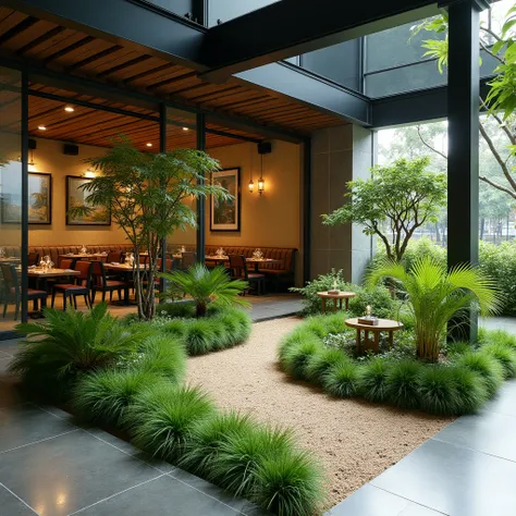  Create a mini garden in the middle of the empty area of a restaurant , with a size of 3x4 meters ,  with a garden that can be used for ren's play, with fake plants. It's more like Singapore Airport..
View from the side of the area showing the restaurant's...