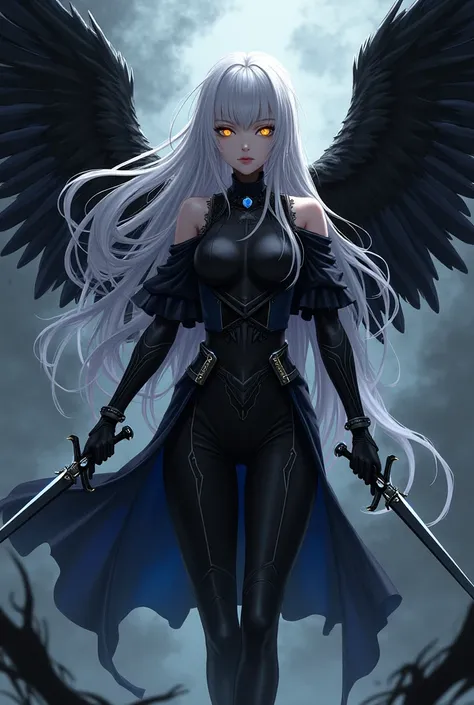 ( top quality,  best angle quality,  official art ,  full body,  and aesthetics :1.2)  Anime Girl, Crow wings on the back,  golden eyes,  long white hair , Armadura preta, black shirt,  black pants,  holding two daggers .
