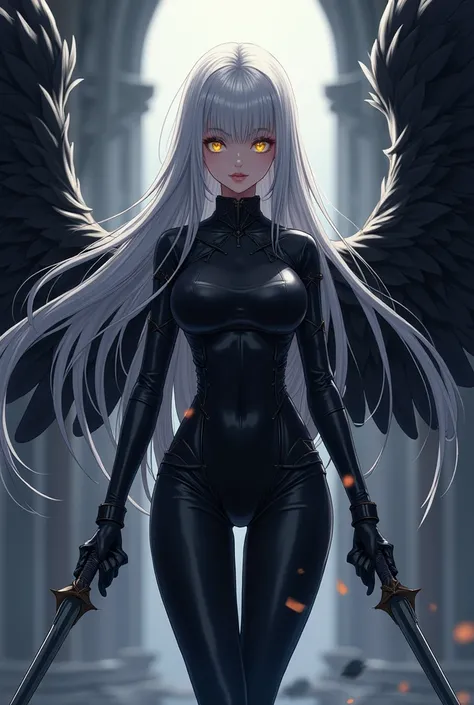 ( top quality,  best angle quality,  official art ,  full body,  and aesthetics :1.2)  Anime Girl, Crow wings on the back,  golden eyes,  long white hair , Armadura preta, black shirt,  black pants,  holding two daggers .
