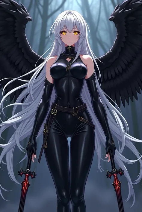 ( top quality,  best angle quality,  official art ,  full body,  and aesthetics :1.2)  Anime Girl, Crow wings on the back,  golden eyes,  long white hair , Armadura preta, black shirt,  black pants,  holding two daggers .
