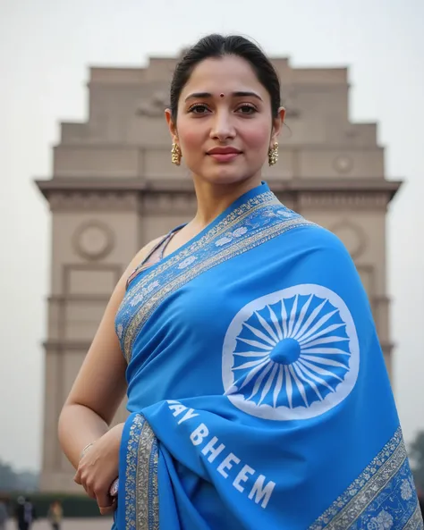 "Create a highly realistic image of a beautiful and confident 23-year-old Indian girl with an attractive appearance, wearing a stunning traditional blue saree with elegant golden borders. She stands proudly in front of the India Gate in New Delhi, holding ...