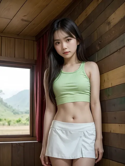 ( 2 girls)A Thai girl with dark long hair, wearing a pastel green tank top and a white and green striped miniskirt, stands in a sexy pose in front of a country-style wooden wall. The woman's right arm is outstretched, balancing the scene. The wall is made ...