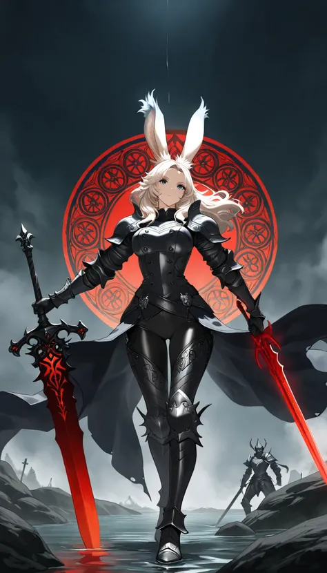 (((( Masterpiece)))), (((( top quality)))),  high resolution,fine grain, detailed face,  wet,viera,Dark Knight, Great Sword, armor with a red pattern on jet black,  action, big breasted with a cross eye, full body shot