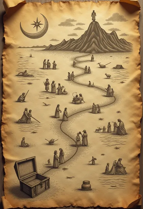 map on aged paper, along the route there are colorless drawings based on biblical stories such as Moses parting the sea with his staff, Noah's ark with animals, the prophet Jonah inside the mouth of a large fish, David fighting a giant, Samson fighting wit...