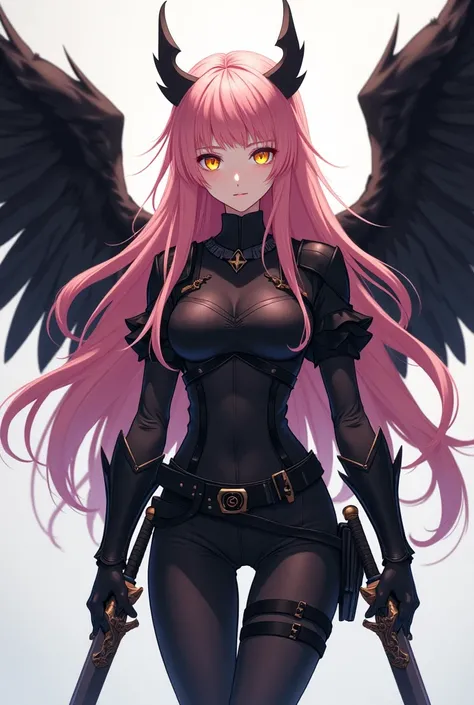 ( top quality,  best angle quality,  official art ,  full body,  and aesthetics :1.2)  Anime Girl, Crow wings on the back,  golden eyes, long pink hair, Armadura preta, black shirt,  black pants,  holding two daggers .
