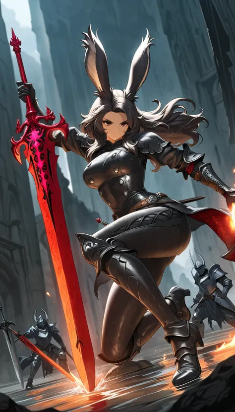 (((( Masterpiece)))), (((( top quality)))), high resolution,fine grain, detailed face, wet,viera,Dark Knight, Great Sword, armor with a red pattern on jet black, action, big breasted with a cross eye, full body shot
