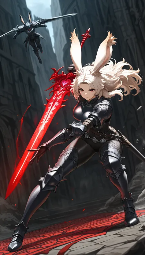 (((( Masterpiece)))), (((( top quality)))),  high resolution,fine grain, detailed face,  wet,viera,Dark Knight, Great Sword, armor with a red pattern on jet black,  action, big breasted with a cross eye, full body shot