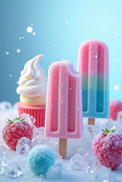 Make me a striking image of ice cream, frozen, popsicles de vaso, popsicles,  With the title  "Frozen Delights" 