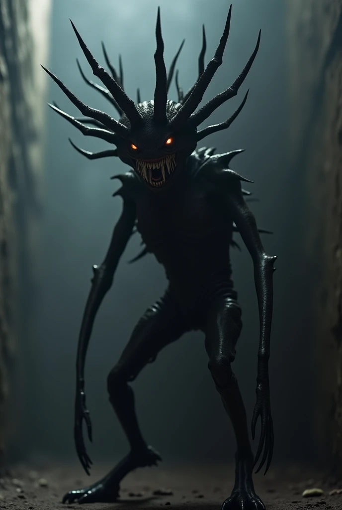 A black anthropomorphic creature that emits a black gaseous toxin, The creature has many horns in multiple threatening forms, The creature doesn't seem to have a mouth and its rows of shiny fangs float among the black vapor, The creature has two praying ma...