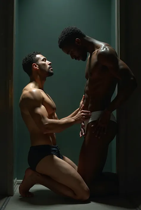 Room with dim lights. A white man on his knees; A black man standing; The white man with his hand over the black man's underwear.