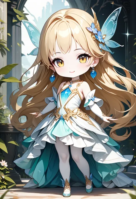 a cute chibi style girl, 1 girl, Alone, ( Anatomically Accurate Fingers :1.4), perfect five fingers, long hair, blond, smiles, (smile:0.4), accessory , (elegant earring:1.4), hair ornament, necklace, ring, ( perfect face:1.4), perfect body beauty , white s...