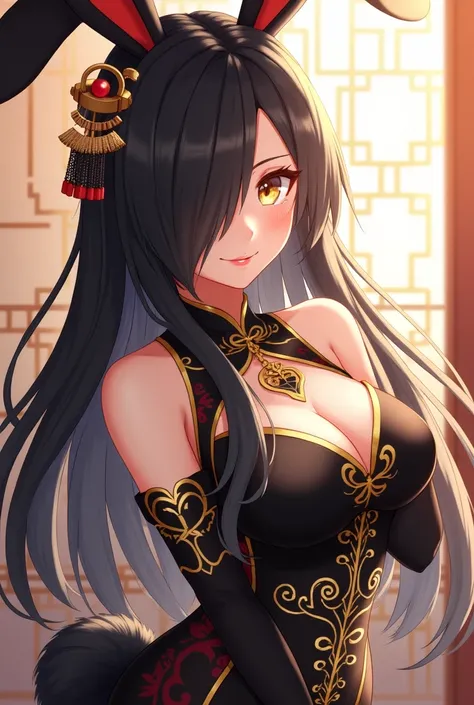 ( top quality,  best quality,  official art  , beautiful and aesthetic :1.2) female anime, rabbit woman, cute girl,  long black hair,  hair over the right eye ,  golden eyes,  rabbit ears, pompous tail black ,  black and gold Chinese clothes,  smiling.
