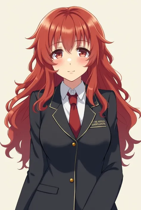 Hey, you can make the image of a full-bodied girl, her body type is pear, her hair is red-haired with curls and long and that she can be seen from the bust upwards in a uniform that is facing the front. 