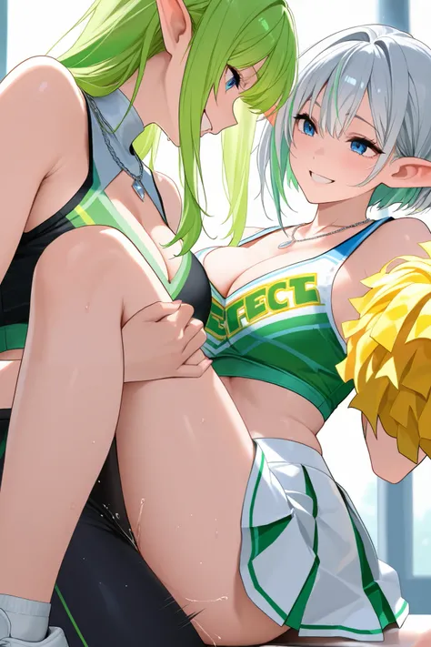  top quality,  highlights ,( Ultra High Resolution), (Elves with short silver hair and elves with long green hair),(2girls) ,  sex, (smile:1.2), ( blue eyes),  perfect and beautiful face, ( big cleavage ), silver necklace、 thin waist ,   Sports、  Head to K...