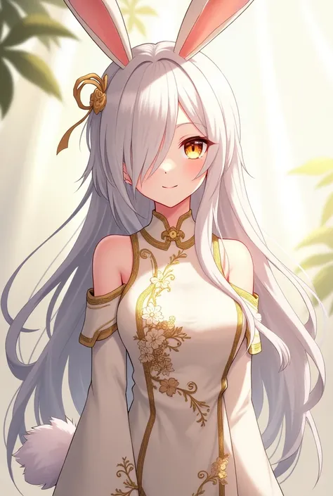 ( top quality,  best quality,  official art  , beautiful and aesthetic :1.2) female anime, rabbit woman, cute girl,  long white hair ,  hair over the right eye ,  golden eyes,  rabbit ears, white pompous tail ,  white and gold Chinese clothes,  smiling.
