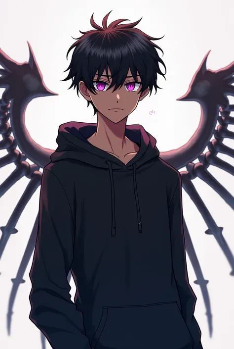 Create a anime character in his s with wings(skeleton) in his back, and has purple eyes , brown skin , black hair and also wears a black hoodie 