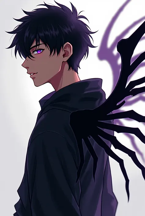 Create a anime character in his s with wings(skeleton) in his back, and has purple eyes , brown skin , black hair and also wears a black hoodie 