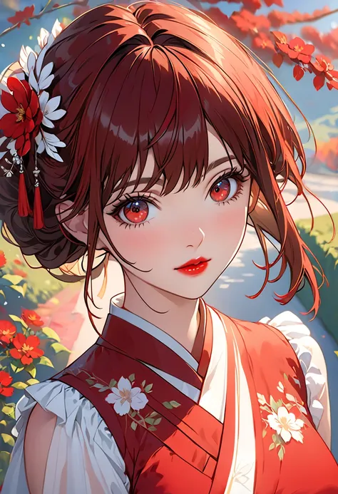 ( Masterpiece),( top quality:1.0), (ultra highres:1.0),  detailed illustration, 8k, Anime,  1 girl, beautiful Anime girl,  is wearing a red dress, corolla,  pretty face,  detailed face,  beautiful eyes,  Fine grain , Crimson Eyes, Bright red lips, Red lips...