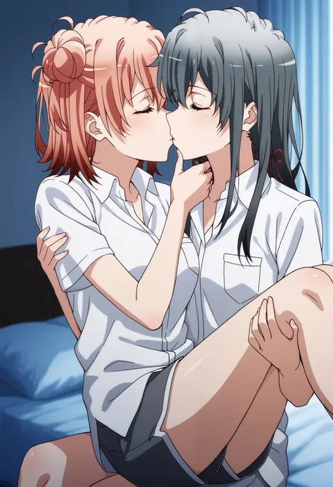 , princess carry, lying on person, sitting, hand on another's chin, 2girls, yuri, looking at another,, bedroom, on bed, [yukinoshita yukino], holding, [yuigahama yui] , ,,,,closed eyes,,,,, deep kiss