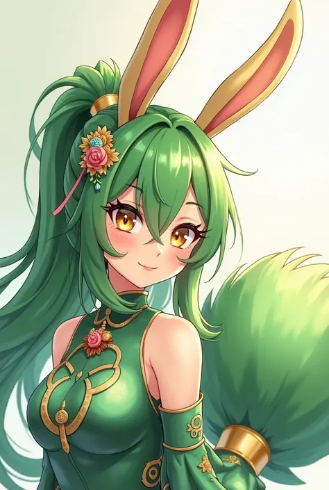 ( top quality,  best quality,  official art  , beautiful and aesthetic :1.2) female anime, rabbit woman, cute girl, long green hair,  hair over the right eye ,  golden eyes,  rabbit ears, pompous green tail ,  green and gold Chinese clothes,  smiling.
