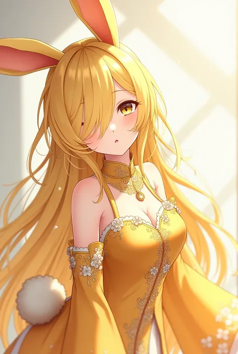 ( top quality,  best quality,  official art  , beautiful and aesthetic :1.2) female anime, rabbit woman, cute girl,  long yellow hair,  hair over the right eye ,  golden eyes,  rabbit ears, yellow pompous tail ,  golden Chinese clothes,  smiling.
