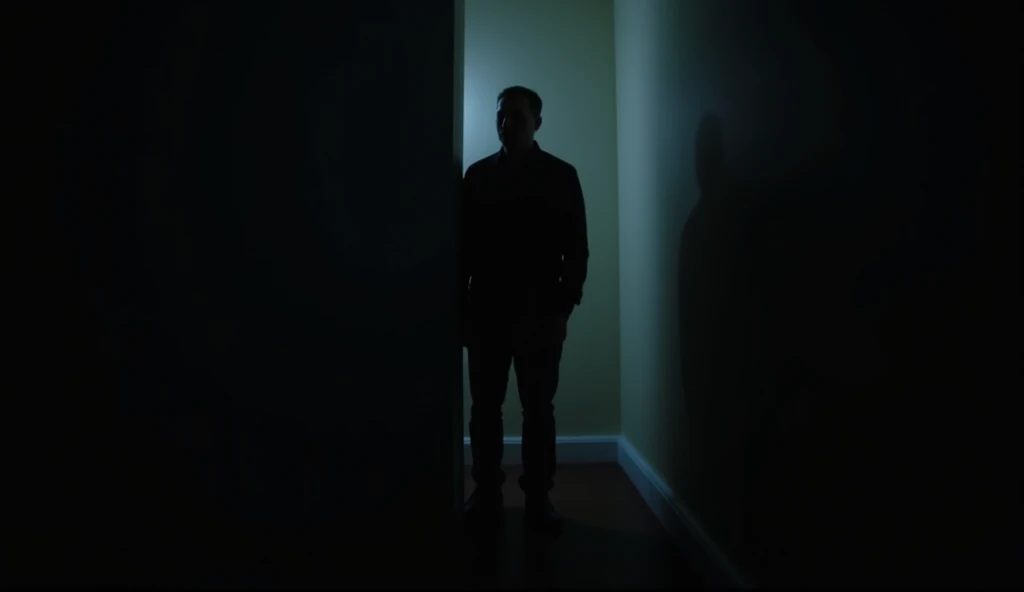 The camera zooms in to capture the figure more clearly. It’s a **silhouette of a man**, standing motionless in the corner. His features are unrecognizable, as his body seems to merge with the shadows. He appears **tall**, with a strong build, though his fe...