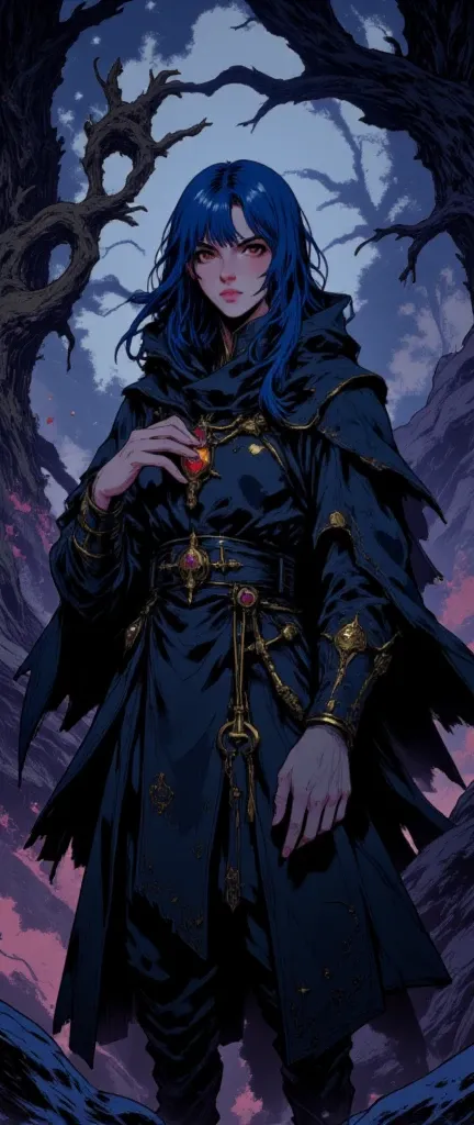 Long-haired blue-haired bard with black alaudi and dark clothes