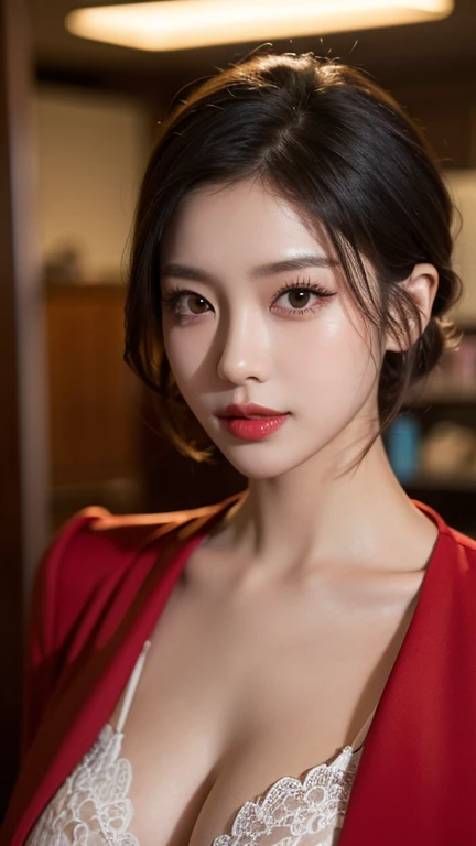 ( surreal ,32K, RAW photo:1.1),( highly detailed skin :1.1),  8k uhd, dslr,  high quality,  film grain, (makeup, Mascara:1.1), Very sharp color correction, Korean beauty in her 20s, short hair , red lips, Sheer jacket and colorful silk lingerie, Jewelry,  ...