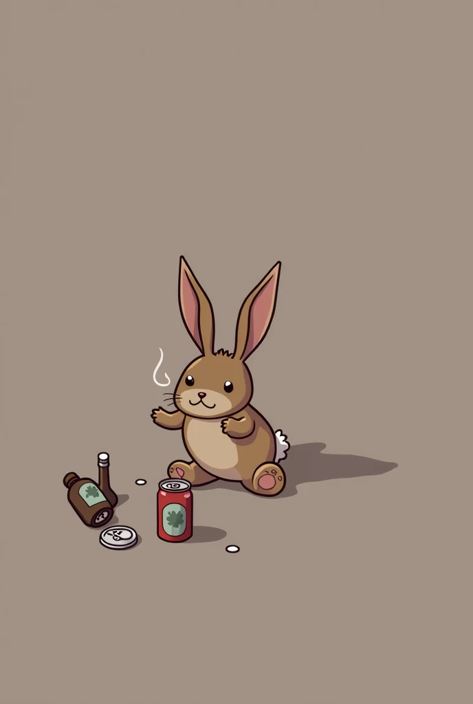 Pretty cute girly rabbit, drunk on alcohol, beer cans and bottles laying on ground, 