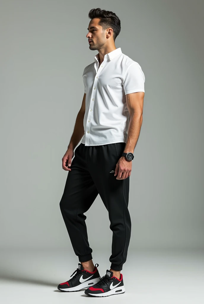 Man with white shirt, black tracksuit and black,red and white sport shoes